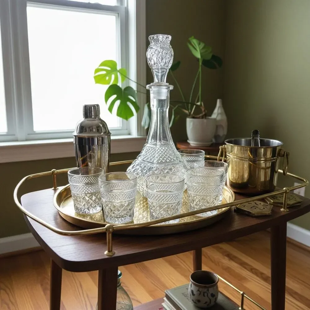 Vintage Anchor Hocking Wexford Decanter & 7 Rocks Glasses-Barware-Whiskey Set